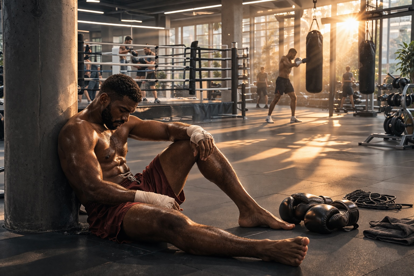 Fighter resting against a pillar in a gym after training
