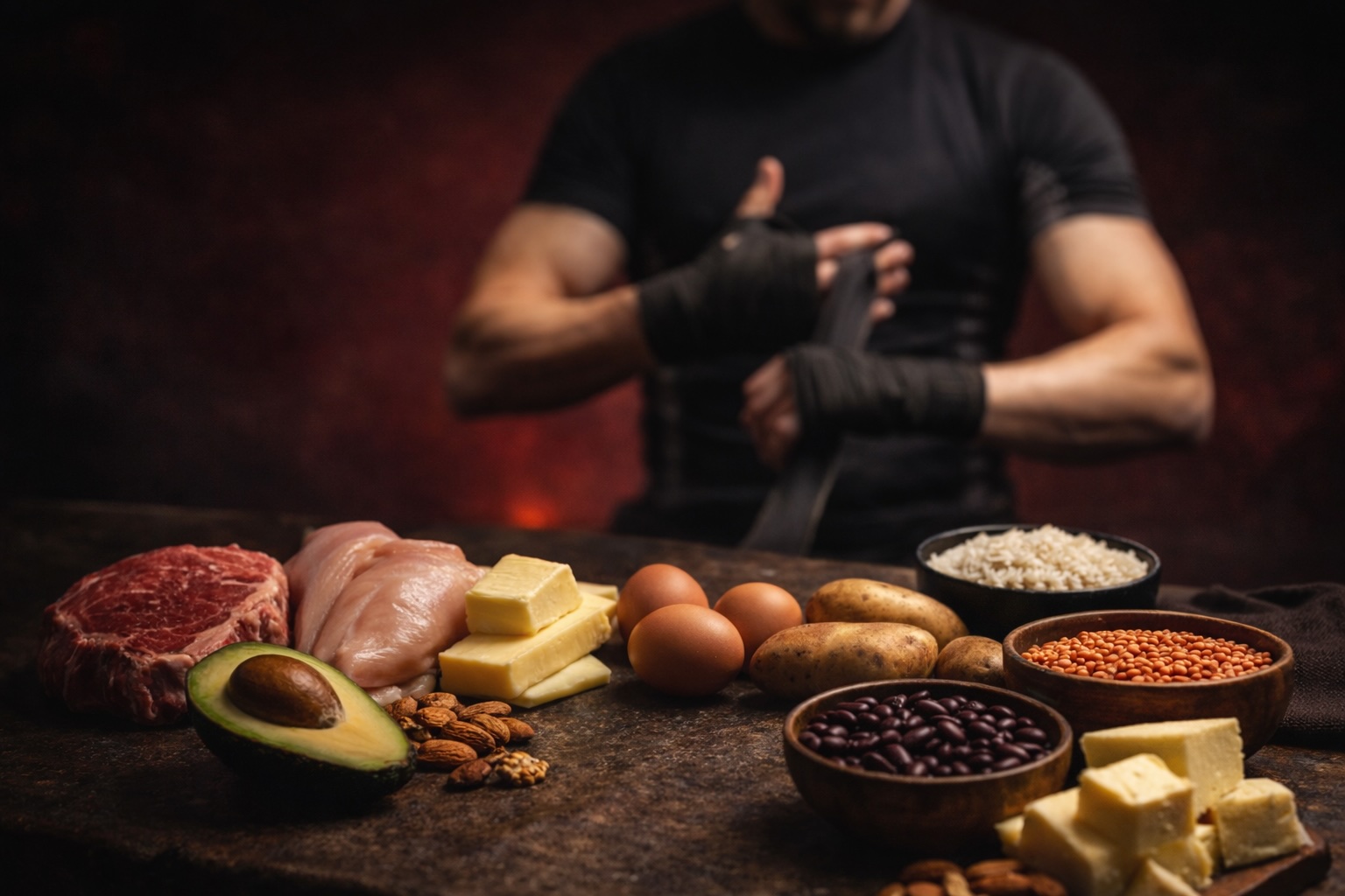 Fighter wrapping his hands behind a table of whole foods: steak, chicken, eggs, rice, beans and lentils
