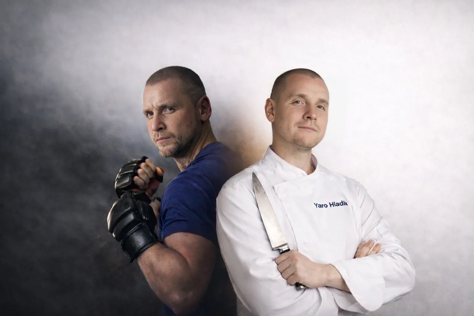 Jaro Hladik as executive chef and fighter, standing back to back